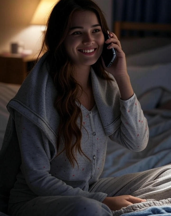 A girl smiling as she has a conversation on her cell phone at night